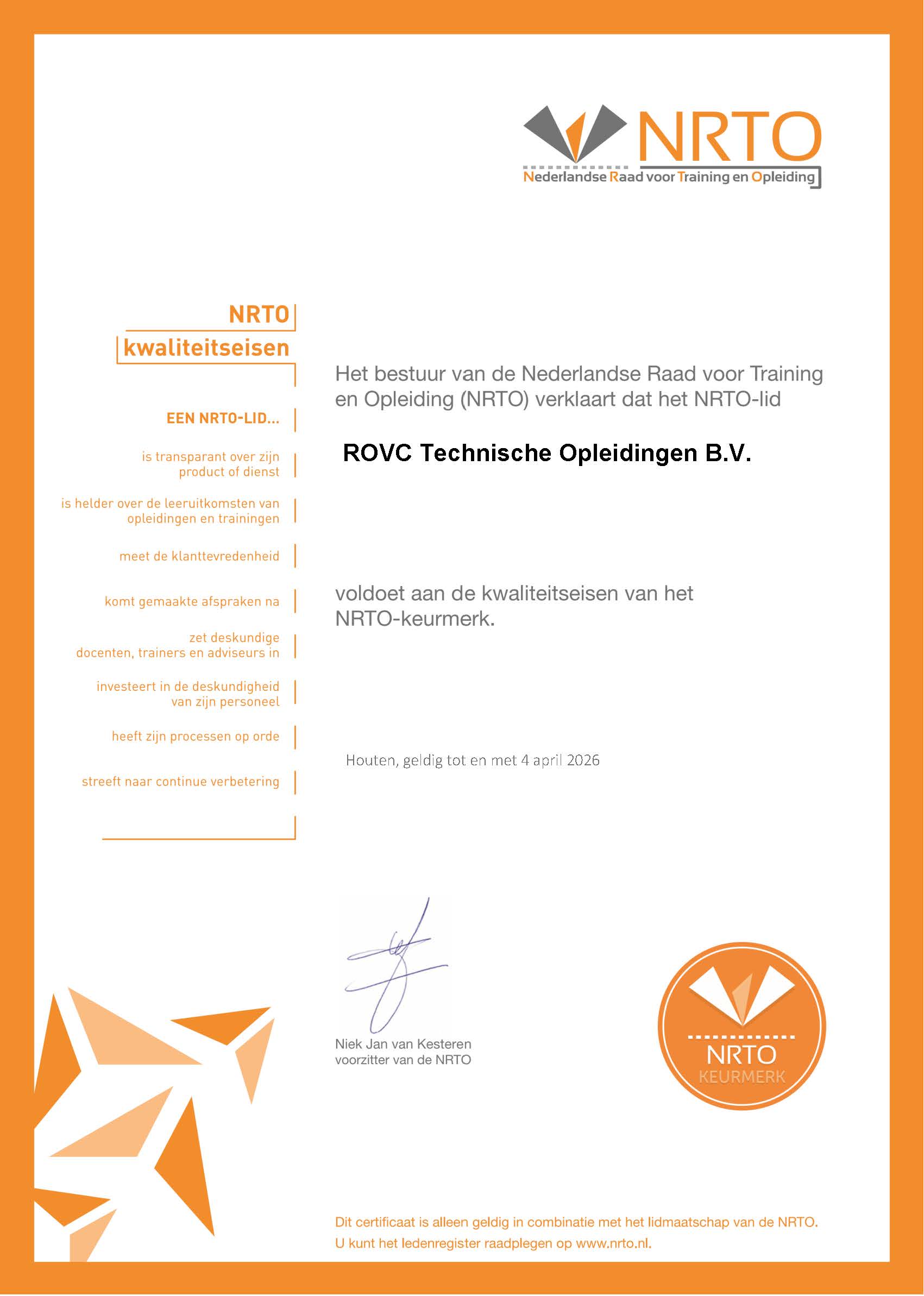 Het NRTO Certificaat van ROVC Technische opleidingen